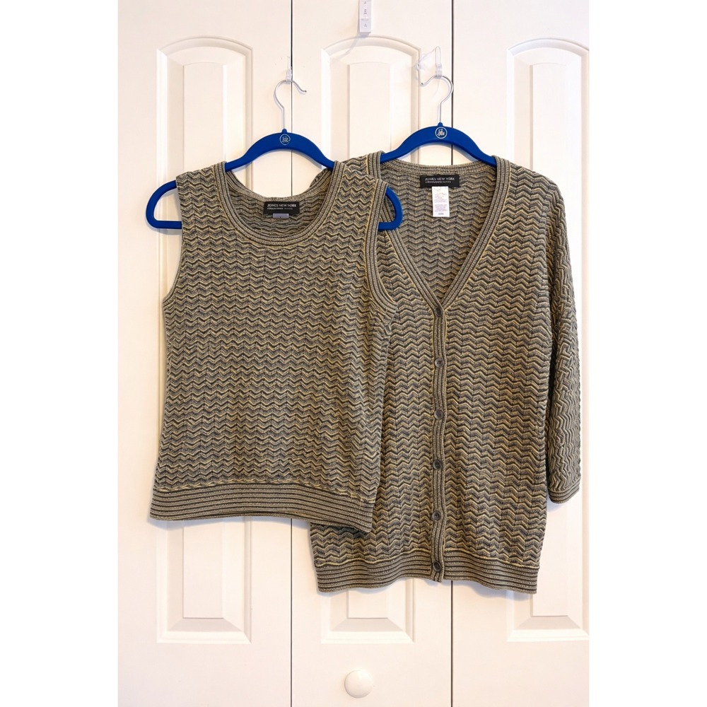 Jones New York Petite Chevron Knit Twin Set Cardigan Shell Gold Black PL